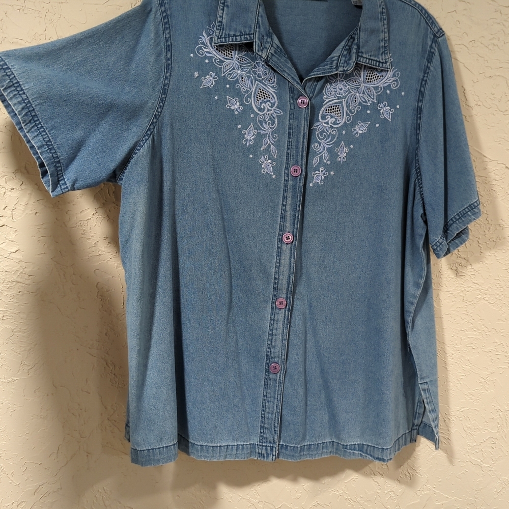 Main Street Blues Blue Denim Shortsleeve Button-Up Shirt Embroidered Women's 20W - Picture 7 of 15